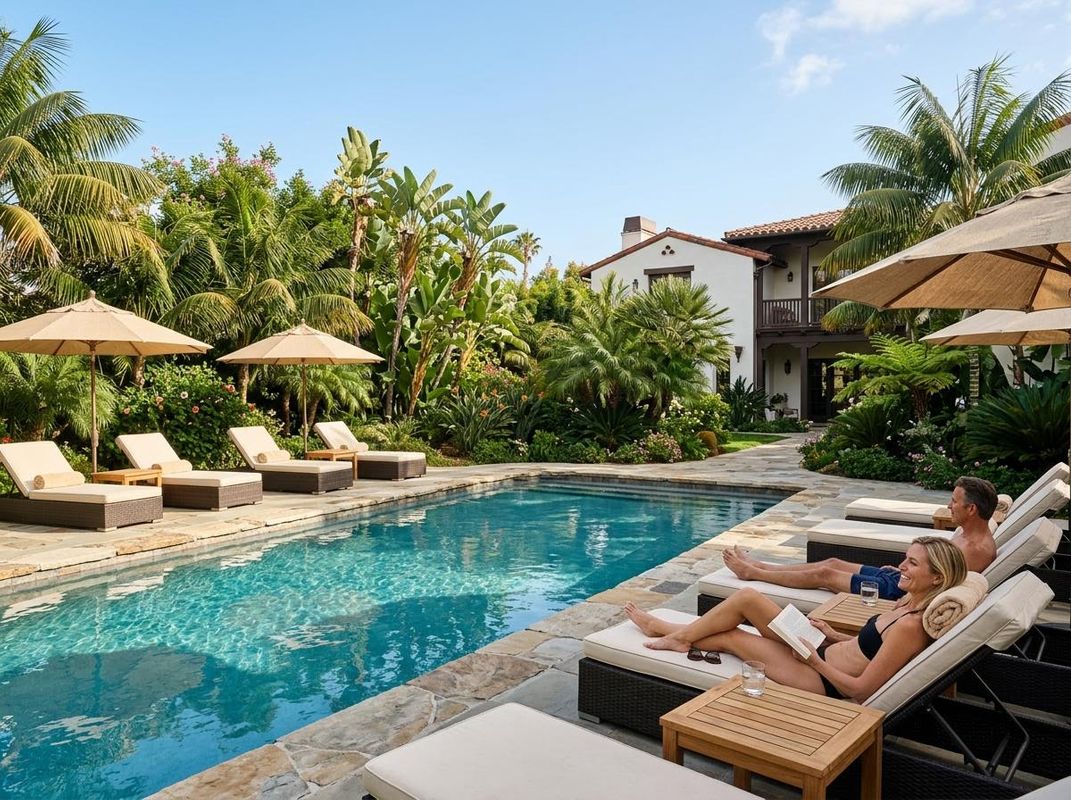 Luxurious resort-style backyard with a sparkling pool, comfortable lounge chairs, and lush, tropical landscaping under a clear sky.